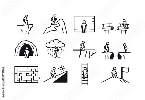 Facing Challenges. Line icon set of Facing Challenges: person at cliff edge, steep mountain path, high wall obstacle, broken bridge, dark cave entrance, storm