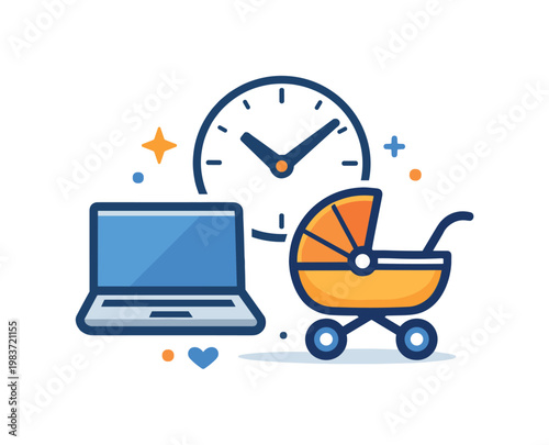 Work life balance for parents a laptop, stroller, and clock combined in one neat visual badge suggest modern family multitasking and thoughtful time