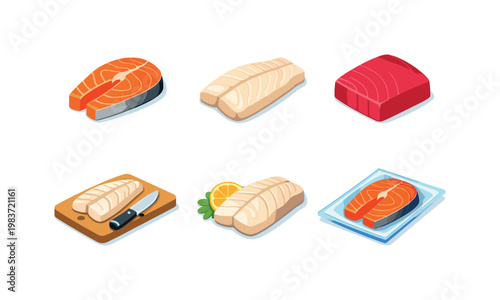 Fish Fillets. Isometric flat vector icons set of fish fillets: salmon fillet raw, cod fillet raw, tuna fillet raw, fish fillet on cutting board, fish fillet