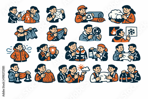 Fabric Features Stories flat vector digital illustration, doodle flat, thick outline, expressive characters, simple shapes, playful proportions, exaggerated