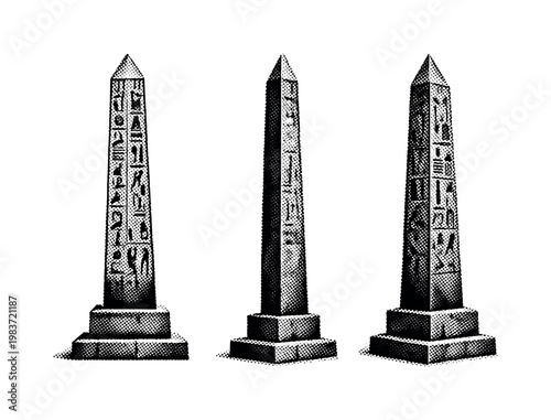 Egyptian obelisk ? A historic Egyptian obelisk depicted as one object in three distinct angles, focusing on hieroglyphic detailing, square base, and tall