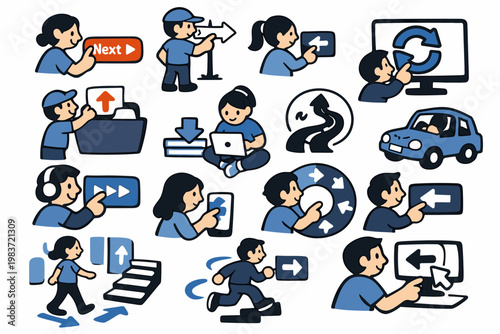 Arrow Navigation Series flat vector digital illustration, doodle flat, thick outline, expressive characters, simple shapes, playful proportions, exaggerated