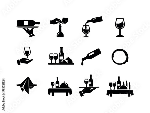 Wine Service. Solid icon set of Wine Service: wine bottle presentation, opening wine ritual, pouring wine, wine glass fill, sommelier hand, wine tasting setup,
