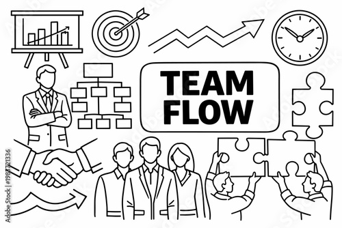 Organization Management Structure. Clean outline line art banner of company organization with manager beside oversized hierarchy chart and team