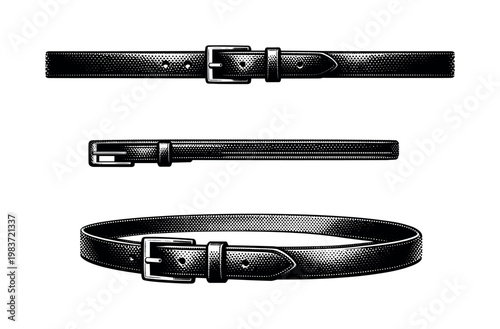 Belt full length A realistic full-length belt with buckle attached shown in three views: fully extended front view, side thickness view, and softly curved