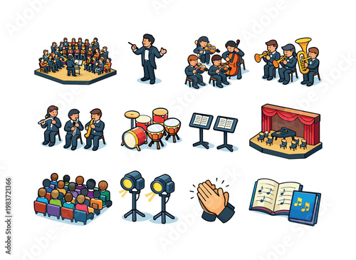 Orchestra Concert. Colorful isometric vector icons set of Orchestra Concert: full orchestra, conductor leading, string section, brass section, woodwinds,