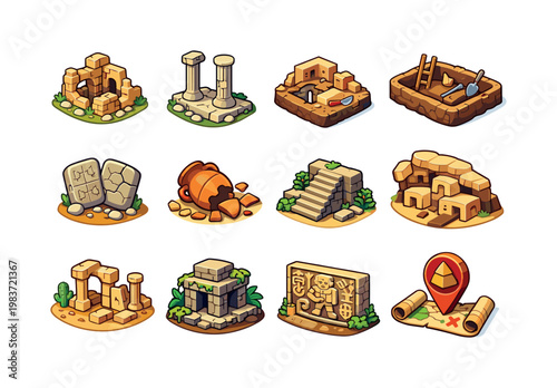 Archaeological Sites. Colorful isometric vector icons set of Archaeological Sites: ancient ruins, temple columns, buried city, excavation pit, stone tablets,