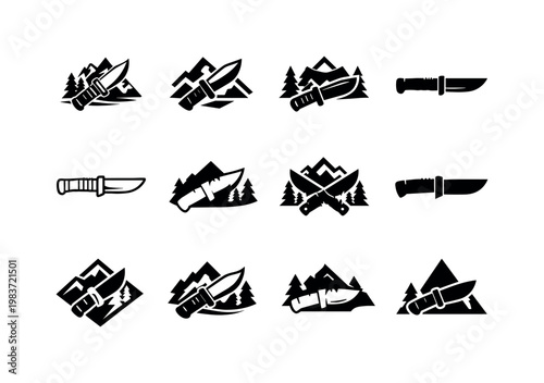 Camping and outdoor survival. Icon set. Set Logo of camping and outdoor survival: survival knife. harmonious logo variations of the same emblematic concept,