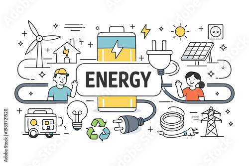 Electrical Energy Outline Icons. Electricity, batteries, renewable power, charging, engineers, utilities, home energy, and sustainable technology. minimalist