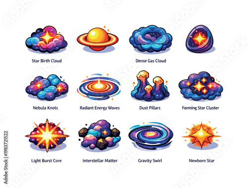 Stellar Nursery. Colorful isometric vector icons set of Stellar Nursery: star birth cloud, glowing protostar, dense gas cloud, cosmic cocoon, nebula knots,