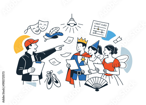 Backstage rehearsal briefing. A theater director reviews the scene with actors moments before the performance, pointing toward the stage as costumes, scripts,