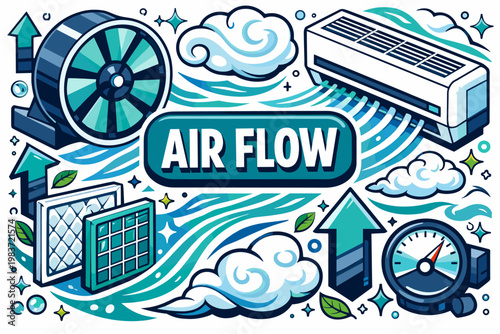 Air Climate Flow Air Climate Flow clean focused isometric hero scene with oversized fan turbine and flowing air conditioner vent, one cloud swirl, a few small