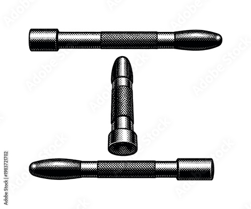 Rammer tool A foundry sand rammer displayed as one object in three positions highlighting flat and peen ends, handle grip, and cylindrical form with realistic
