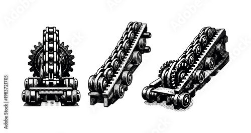 Roller coaster chain lift mechanism A realistic roller coaster chain lift mechanism with chain links, guide rail, and drive teeth, presented in three views