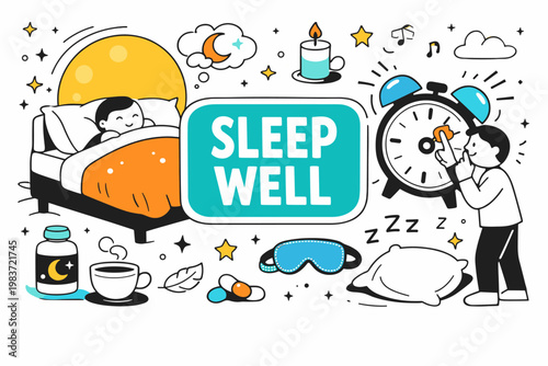 Sleep Rest Wellness. Sleep care scene with two geometric characters spread across the full canvas, one resting in an oversized bed under a giant moon while the