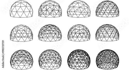 geodesic dome wireframe architecture and structural geometry design evolution illustrating increasing complexity on a white background