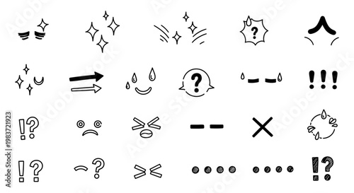 hand-drawn graphic elements manga emoticons and cartoon reaction symbols for web design expressing various emotions.