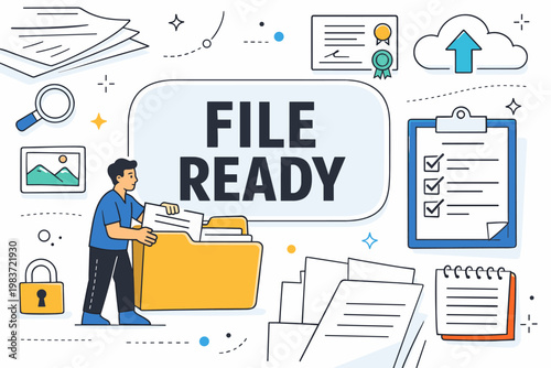 Document File Management. Clean editorial banner about files and office documents, one worker organizing an oversized folder beside a certificate and