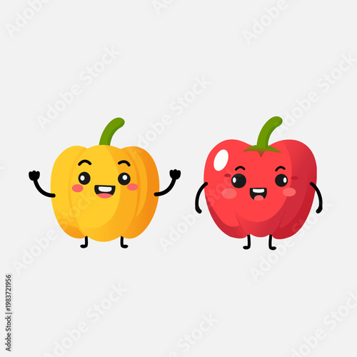 Cute Fruit Duo Pepper Tomato Vector Illustration. Funny Apple and Orange Mascots, Healthy Vegan Food Icons in Cartoon Style for Kids Design, Sticker, Logo and Packaging.