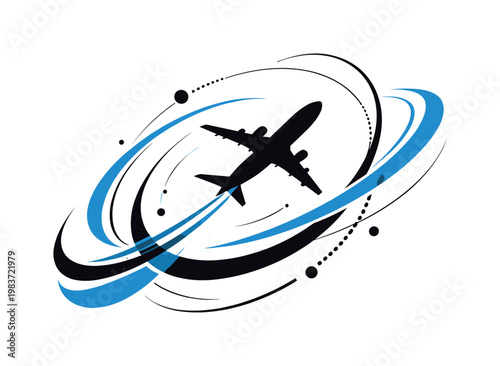 globe with grid lines and orbit circles, abstract travel symbols, black and white globe with cyan accent elements, modern graphic collage minimalist editorial