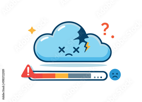 Failed cloud recovery moment illustrated by a progress bar stuck beneath a damaged cloud, reflecting frustration, uncertainty, and stalled restoration efforts.