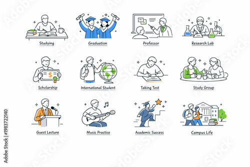 Higher Education Outline Icons. University, students, campus life, graduation, scholarship, science, lectures, and academic study. minimalist editorial vector