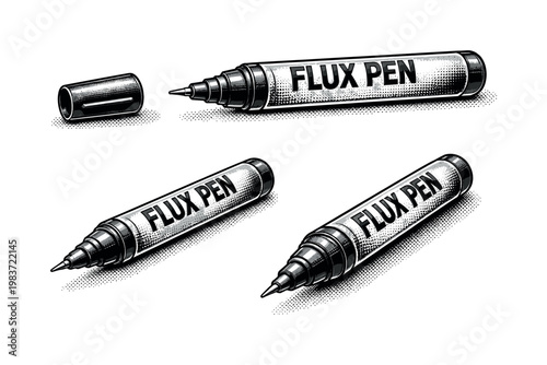 Flux pen illustrated as the same tool in side view, uncapped position, and slightly rotated perspective with realistic proportions and precise barrel and tip