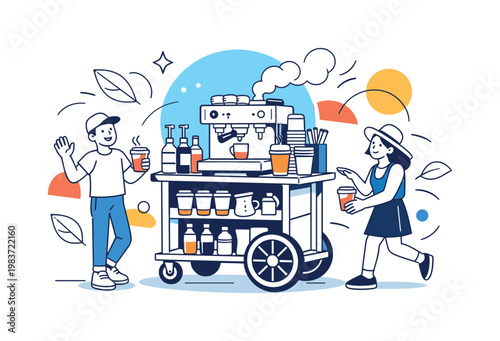 Premium drink cart. A fashionable beverage trolley becomes the center of attention, with polished equipment, takeaway cups, and warm steam creating a chic