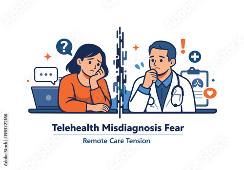 Telehealth misdiagnosis fear represented by a split scene of a patient and doctor separated by a digital line, expressing emotional distance, trust issues and