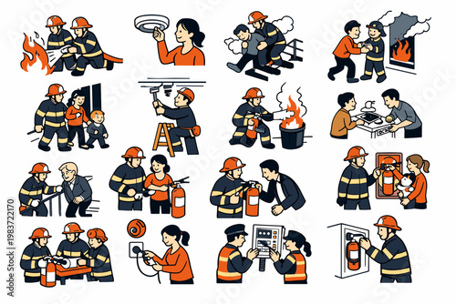 Fire Safety Stories Fire Safety Stories collection of digital illustrations, small readable scenes of firefighters using hoses, people testing alarms, crews