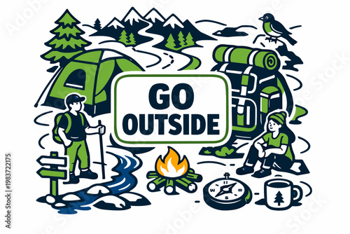 Camping Adventure Stories Camping Adventure Stories banner, two campers beside an oversized tent and giant backpack with campfire and mountain path elements