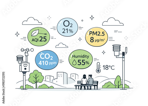 Air quality monitoring. Clean urban-nature scene with air sensors, clouds, and data indicators floating gently, illustrating measurement of pollution and