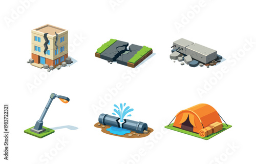 Earthquake aftermath. Isometric flat vector icons set of Earthquake aftermath: fractured building facade, split pavement, fallen concrete slab,