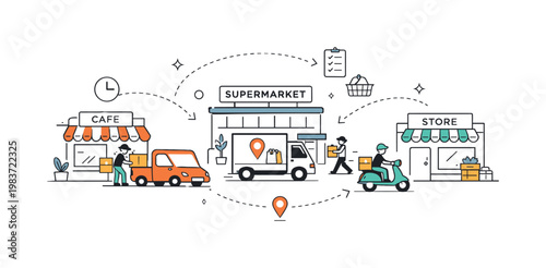 Retail food delivery. Delivery vehicles arriving at small shops and supermarkets, connected by soft directional lines. The illustration highlights last-mile
