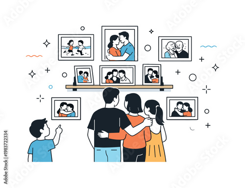 Displaying family photos at home. Framed pictures are arranged neatly on a wall and shelf while family members admire the finished display together. The scene
