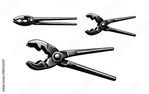 Wolf jaw tongs, traditional blacksmith wolf jaw tongs with curved multi-purpose jaws, long handles, and central rivet, shown as the same object in profile,