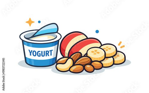 Healthy snacks combines a small yogurt cup, sliced fruit, and a handful of nuts, offering a bright editorial-style metaphor for light, satisfying choices that