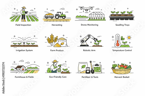 Smart Agriculture Growth. Farming, crops, smart equipment, greenhouse care, organic harvest and rural innovation. minimalist editorial vector scenes: a farmer