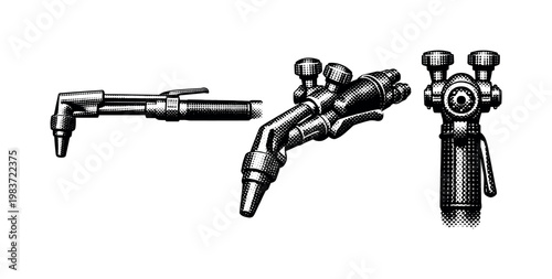 Oxy-acetylene cutting torch shown as the same tool in side view, three-quarter view, and front-facing view with realistic proportions and detailed nozzle,