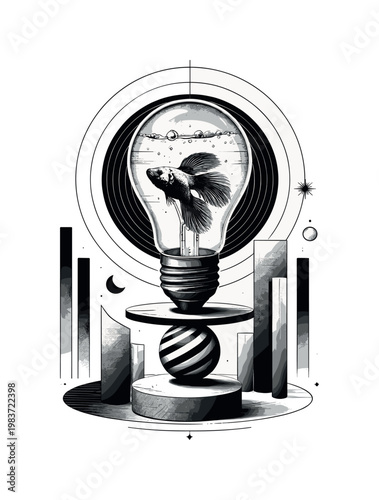 abstract surreal object, radial circles vertical bars abstract cylinders and restrained symbolic details, black and white fish inside a vintage light bulb with