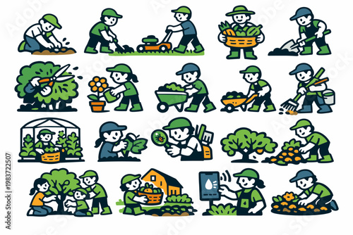 Garden Growth Care Series flat vector digital illustration, doodle flat, thick outline, expressive characters, simple shapes, playful proportions, exaggerated