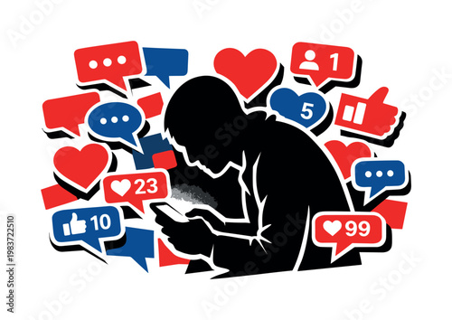 Modern graphic collage illustrating a comic-style social media addiction scene, black and white faceless human silhouette hunched over a glowing smartphone,