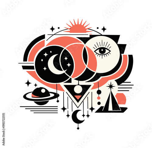 Celestial icons, enhanced by abstract circles, fragmented semicircles, directional lines, and symbolic geometric compositions, black-and-white space-inspired