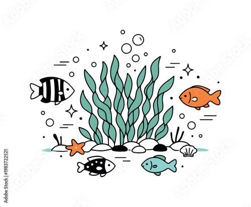 Coastal underwater habitat. A clean marine illustration with fish exploring a dense patch of kelp near the seabed, surrounded by bubbles and tiny abstract
