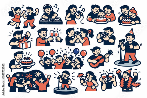 Party Celebration Series flat vector digital illustration, doodle flat, thick outline, expressive characters, simple shapes, playful proportions, exaggerated