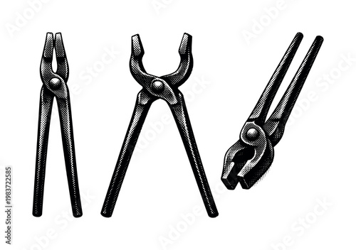 Forging tools blacksmith tongs shown as the same pair of forging tongs in closed position, open position, and three-quarter angled view, isolated