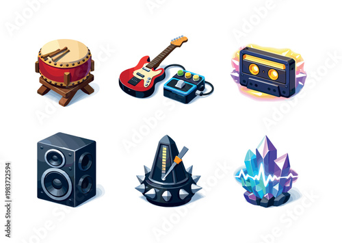 Boss battle music. Isometric flat vector icons set of boss battle music: dramatic taiko drum, electric guitar with effects pedal, glowing battle soundtrack