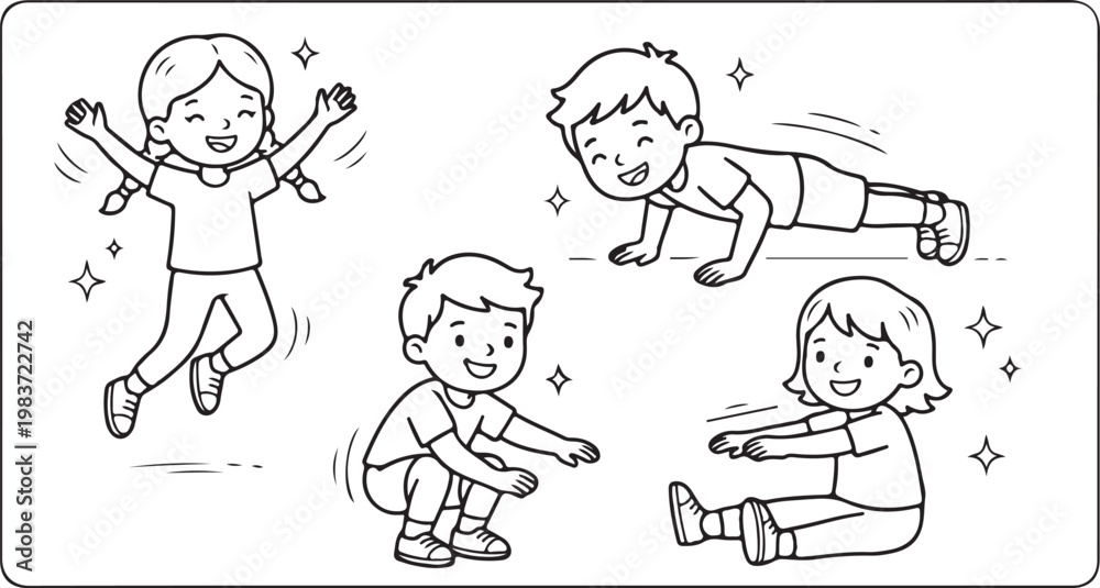 Fototapeta premium Kids exercise or workout coloring page for kids and adults
