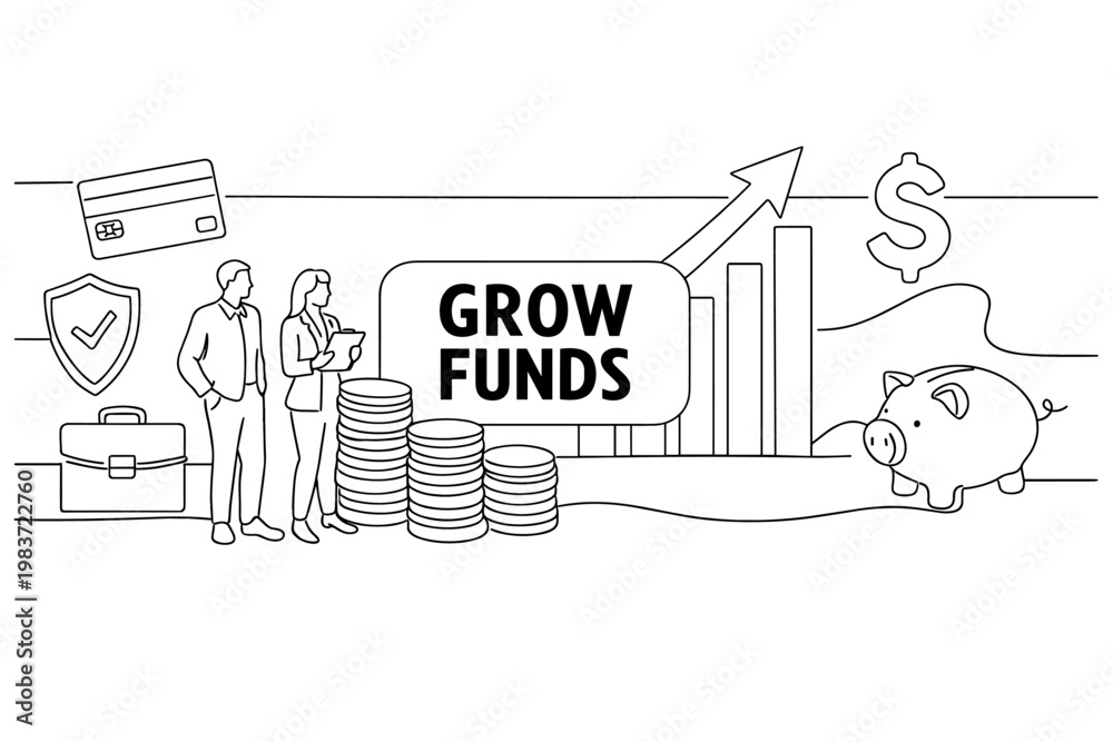 Fototapeta premium Investment Growth Finance. Clean one-line drawing banner scene of two investors studying an oversized coin stack and giant rising chart, linework reaching all