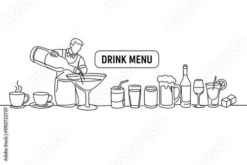 Drink Beverage Collection. Clean one-line drawing banner scene of a bartender serving an oversized bottle and large cocktail glass, with coffee mug, tea cup,